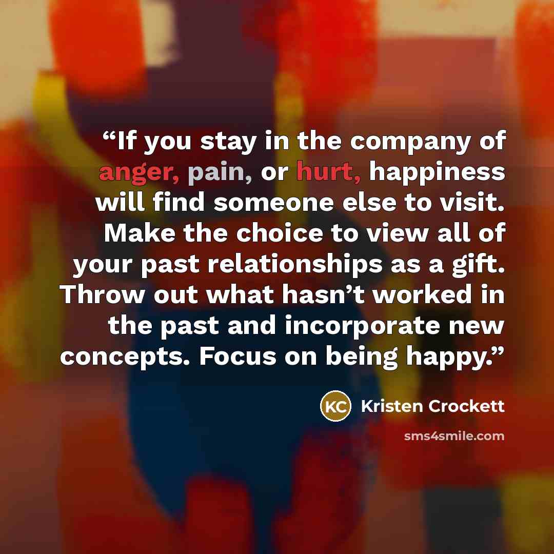 “If you stay in the company of anger, pain, or hurt, happiness will find someone else to visit. Make the choice to view all of your past relationships as a gift. Throw out what hasn’t worked in the past and incorporate new concepts. Focus on being happy﻿.” quote by Kristen Crockett