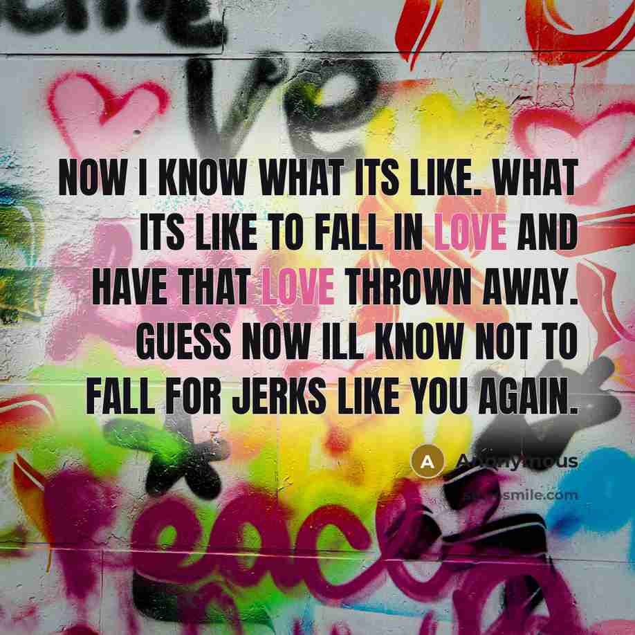 “Now I know what its like. What its like to fall in love and have that love thrown away. Guess now ill know not to fall for jerks like you again.” quote by Anonymous