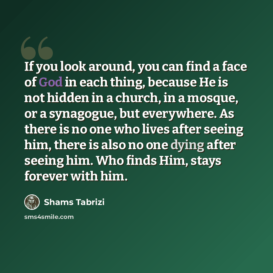 “If you look around, you can find a face of God in each thing, because He is not hidden in a church, in a mosque, or a synagogue, but everywhere. As there is no one who lives after seeing him, there is also no one dying after seeing him. Who finds Him, stays forever with him.” quote by Shams Tabrizi