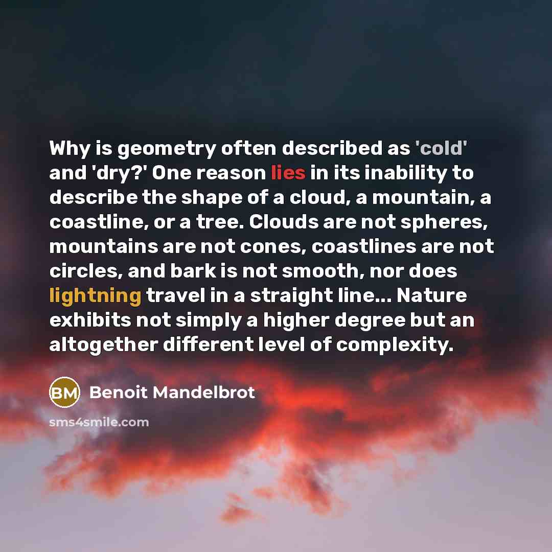 “Why is geometry often described as 'cold' and 'dry?' One reason lies in its inability to describe the shape of a cloud, a mountain, a coastline, or a tree. Clouds are not spheres, mountains are not cones, coastlines are not circles, and bark is not smooth, nor does lightning travel in a straight…” quote by Benoit Mandelbrot