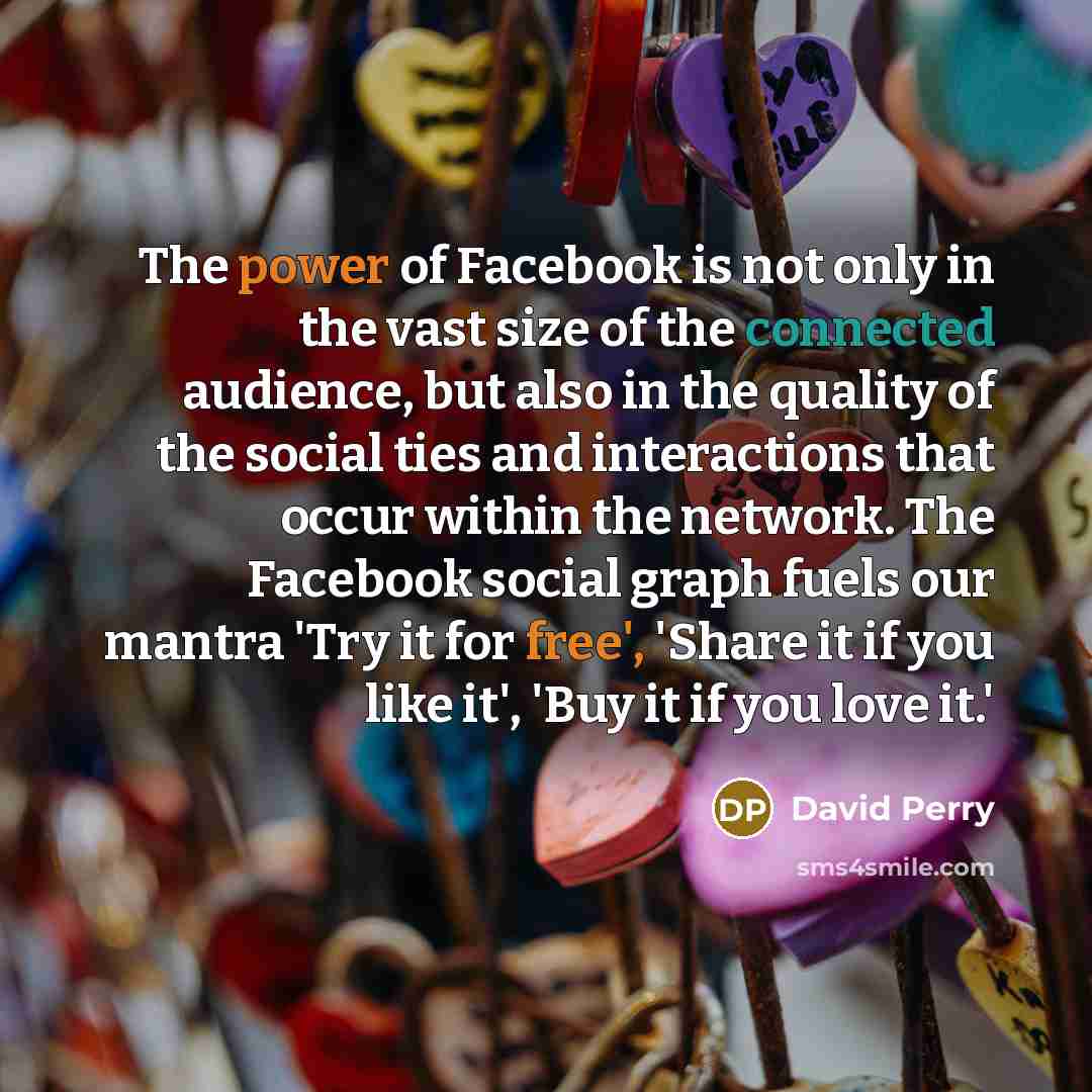 “The power of Facebook is not only in the vast size of the connected audience, but also in the quality of the social ties and interactions that occur within the network. The Facebook social graph fuels our mantra 'Try it for free', 'Share it if you like it', 'Buy it if you love it.'” quote by David Perry