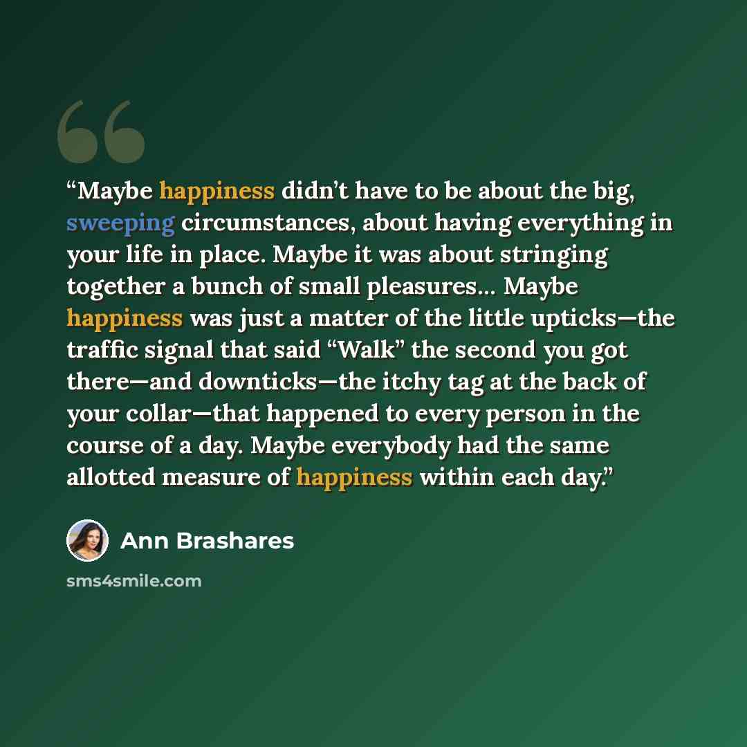 “Maybe happiness didn’t have to be about the big, sweeping circumstances, about having everything in your life in place. Maybe it was about stringing together a bunch of small pleasures… Maybe happiness was just a matter of the little upticks—the traffic signal that said “Walk” the second you got…” quote by Ann Brashares