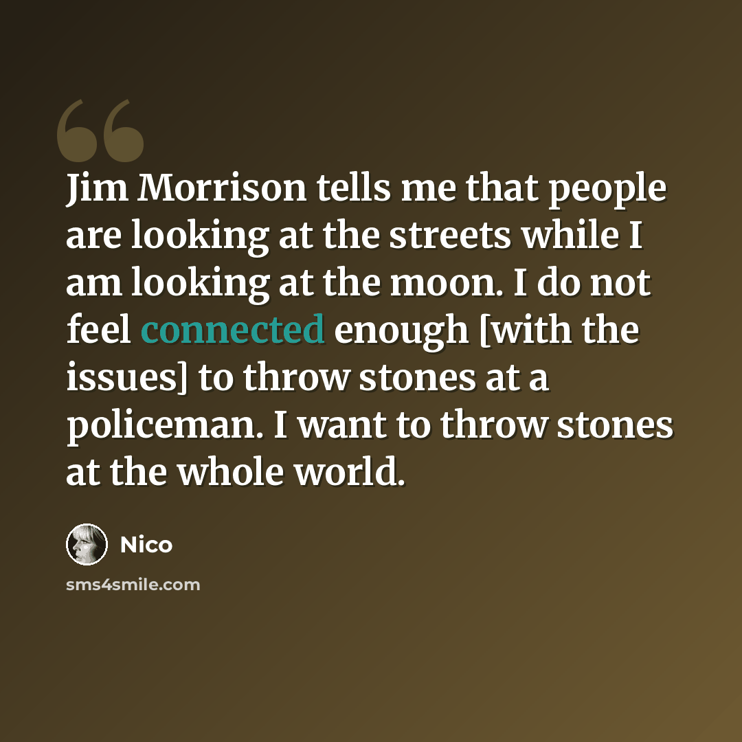 “Jim Morrison tells me that people are looking at the streets while I am looking at the moon. I do not feel connected enough [with the issues] to throw stones at a policeman. I want to throw stones at the whole world.” quote by Nico