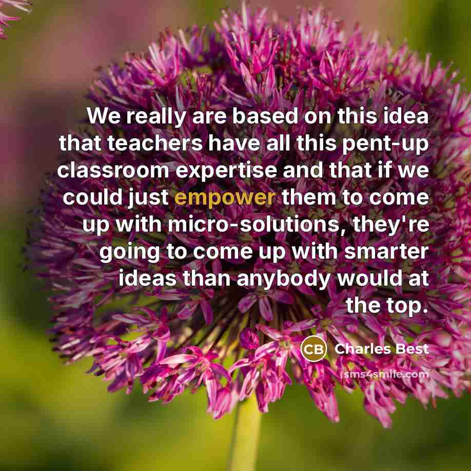 “We really are based on this idea that teachers have all this pent-up classroom expertise and that if we could just empower them to come up with micro-solutions, they're going to come up with smarter ideas than anybody would at the top.” quote by Charles Best