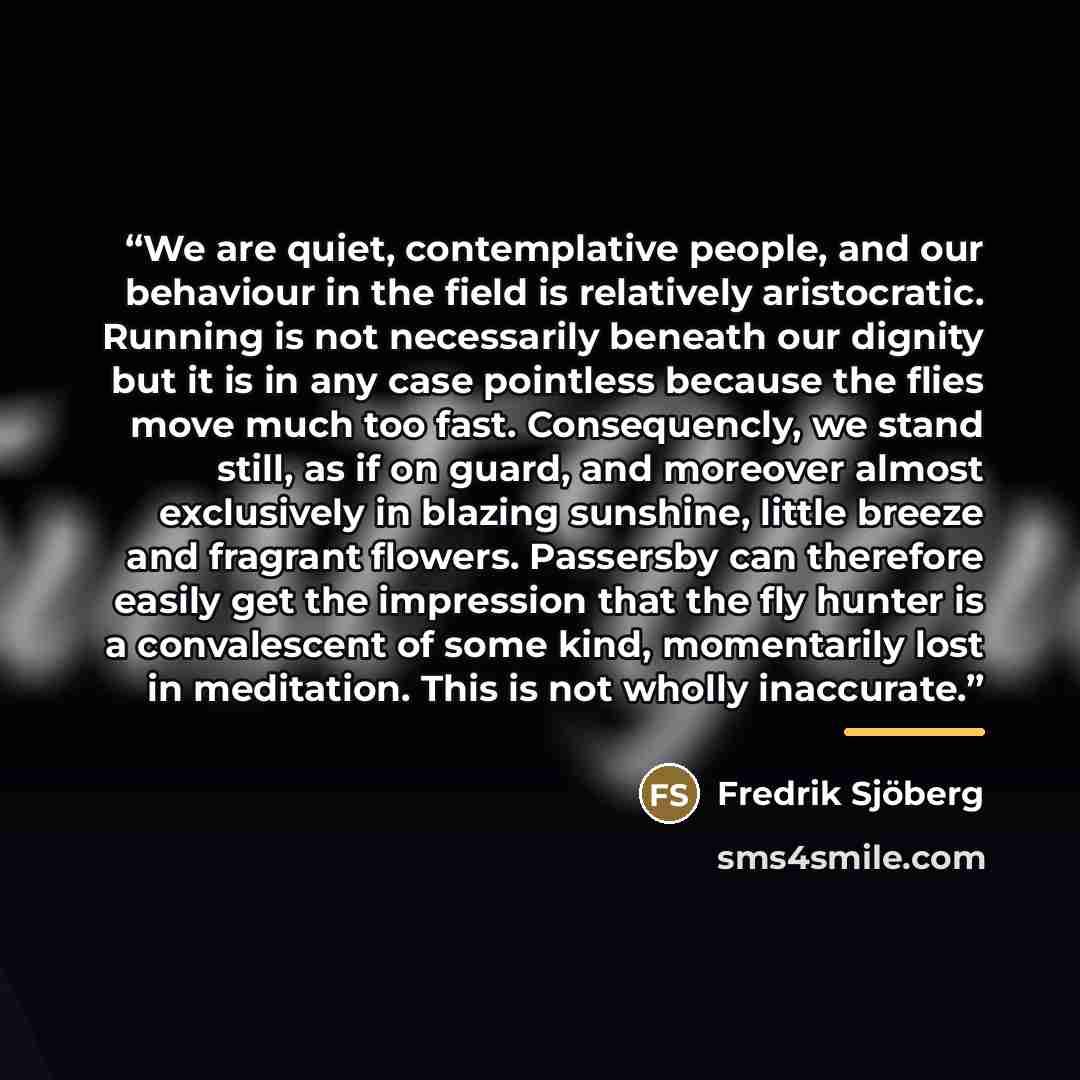 “We are quiet, contemplative people, and our behaviour in the field is relatively aristocratic. Running is not necessarily beneath our dignity but it is in any case pointless because the flies move much too fast. Consequencly, we stand still, as if on guard, and moreover almost exclusively in…” quote by Fredrik Sjöberg