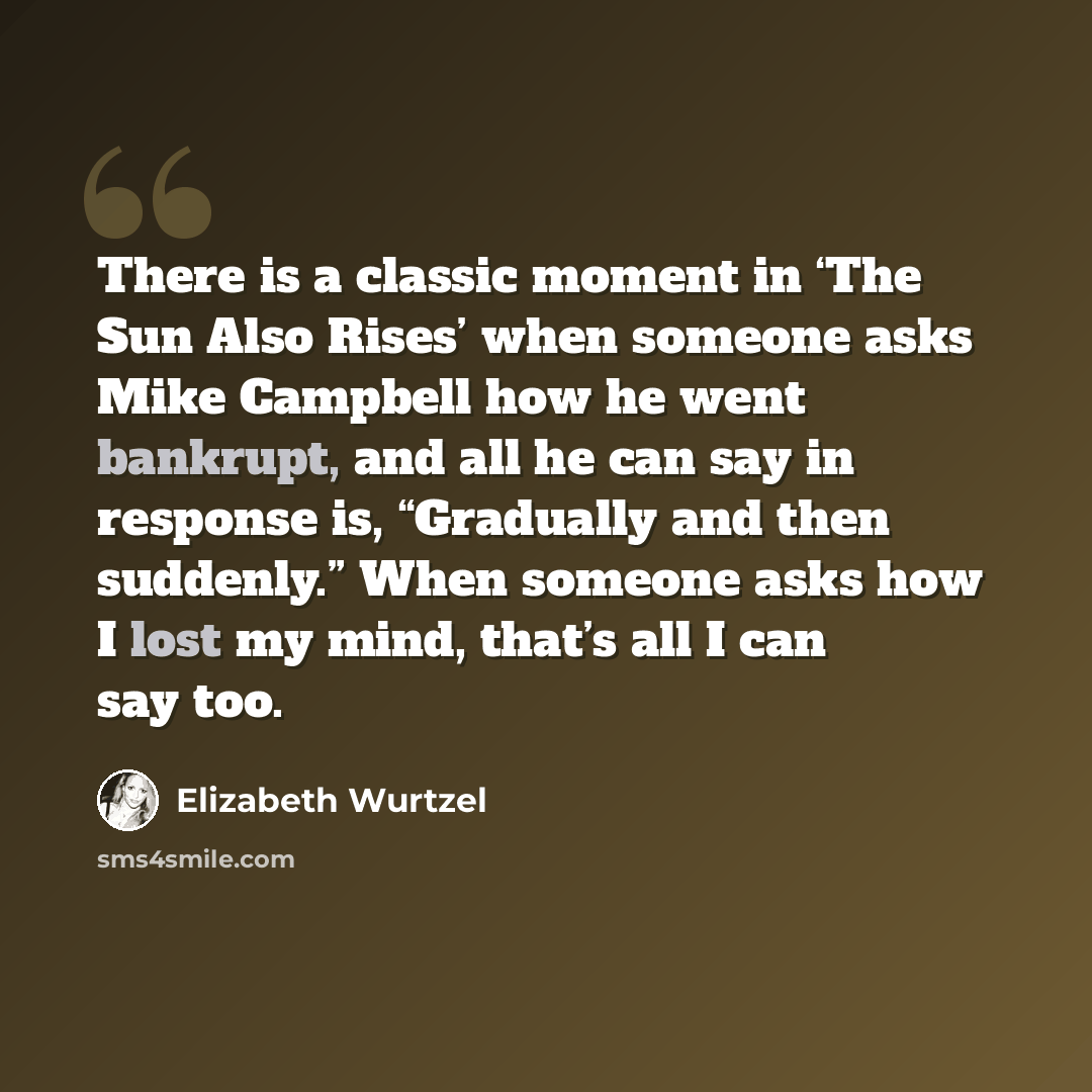 “There is a classic moment in ‘The Sun Also Rises’ when someone asks Mike Campbell how he went bankrupt, and all he can say in response is, “Gradually and then suddenly.” When someone asks how I lost my mind, that’s all I can say too.” quote by Elizabeth Wurtzel