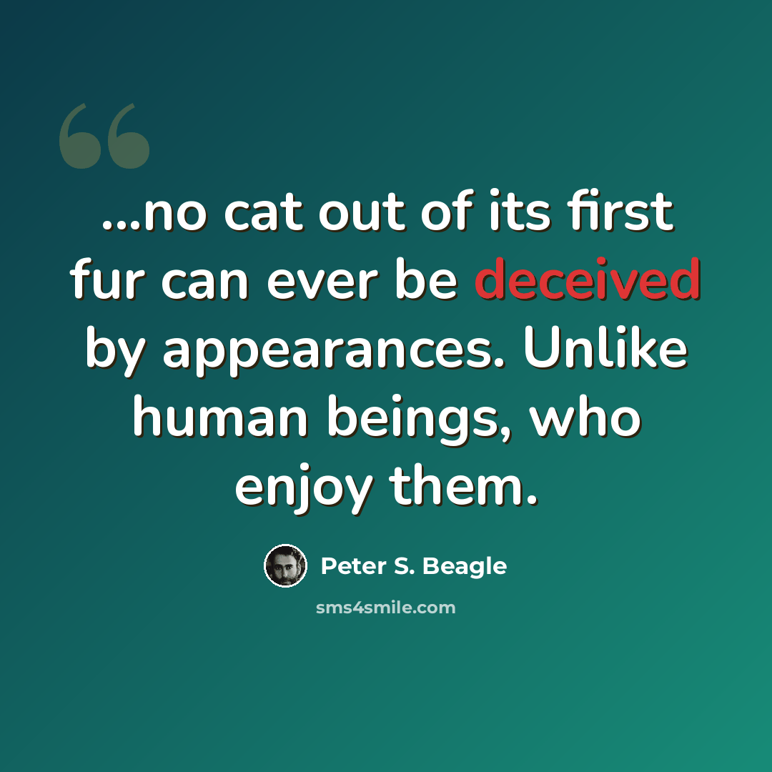 “...no cat out of its first fur can ever be deceived by appearances. Unlike human beings, who enjoy them.” quote by Peter S. Beagle