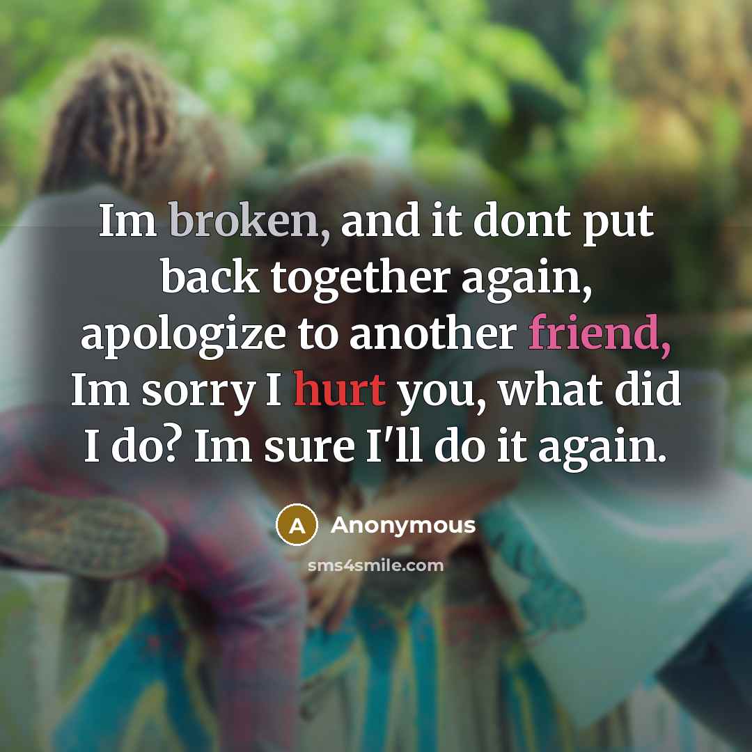 “Im broken, and it dont put back together again, apologize to another friend, Im sorry I hurt you, what did I do? Im sure I'll do it again.” quote by Anonymous