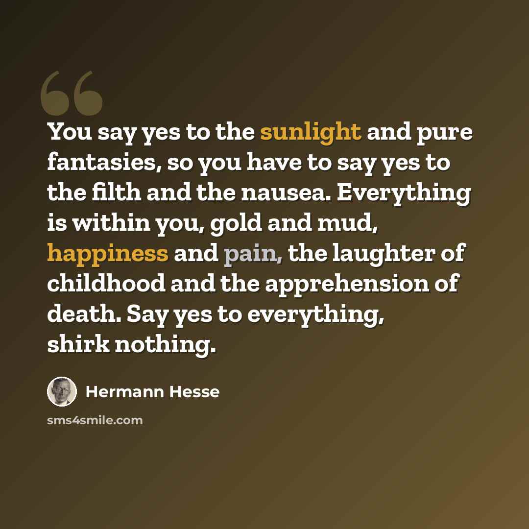 “You say yes to the sunlight and pure fantasies, so you have to say yes to the filth and the nausea. Everything is within you, gold and mud, happiness and pain, the laughter of childhood and the apprehension of death. Say yes to everything, shirk nothing.” quote by Hermann Hesse