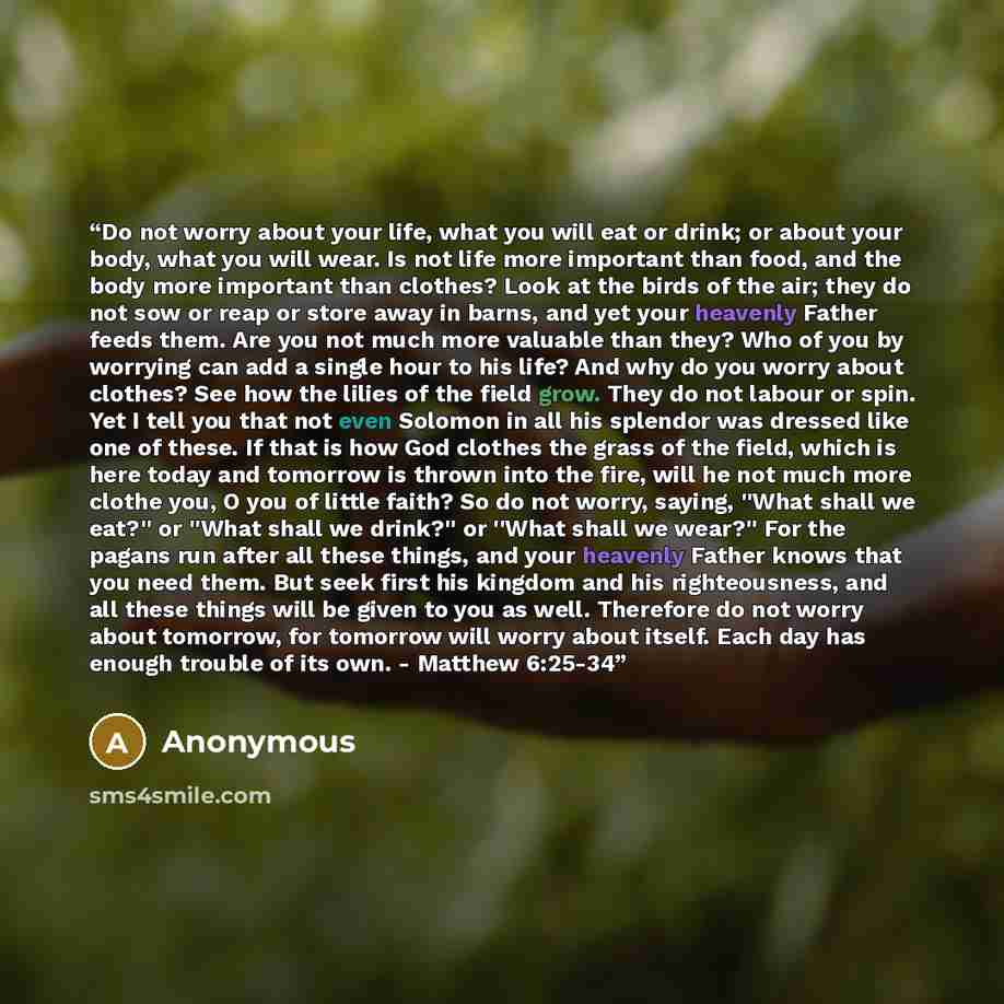 “Do not worry about your life, what you will eat or drink; or about your body, what you will wear. Is not life more important than food, and the body more important than clothes? Look at the birds of the air; they do not sow or reap or store away in barns, and yet your heavenly Father feeds them…” quote by Anonymous