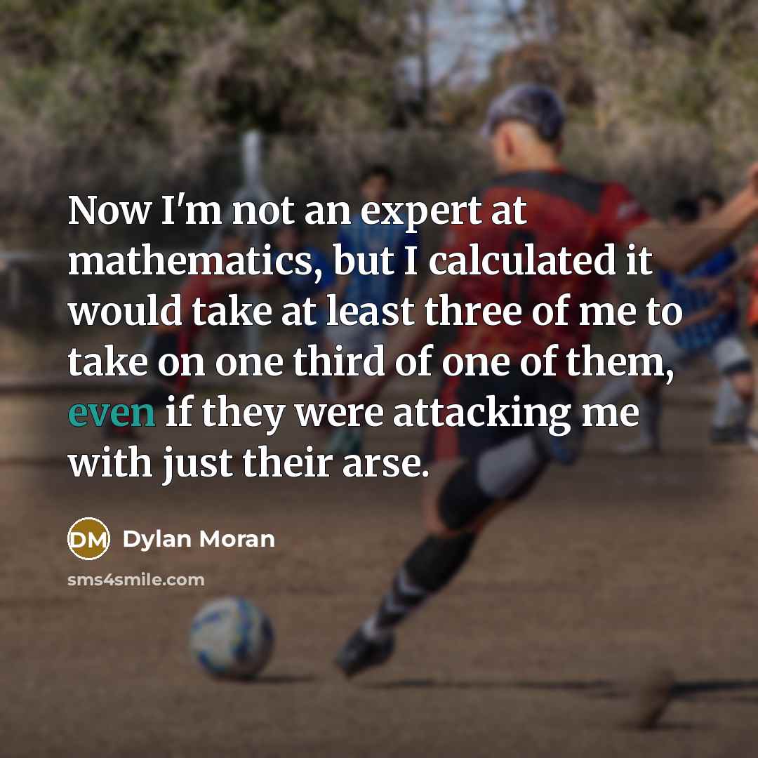 “Now I'm not an expert at mathematics, but I calculated it would take at least three of me to take on one third of one of them, even if they were attacking me with just their arse.” quote by Dylan Moran