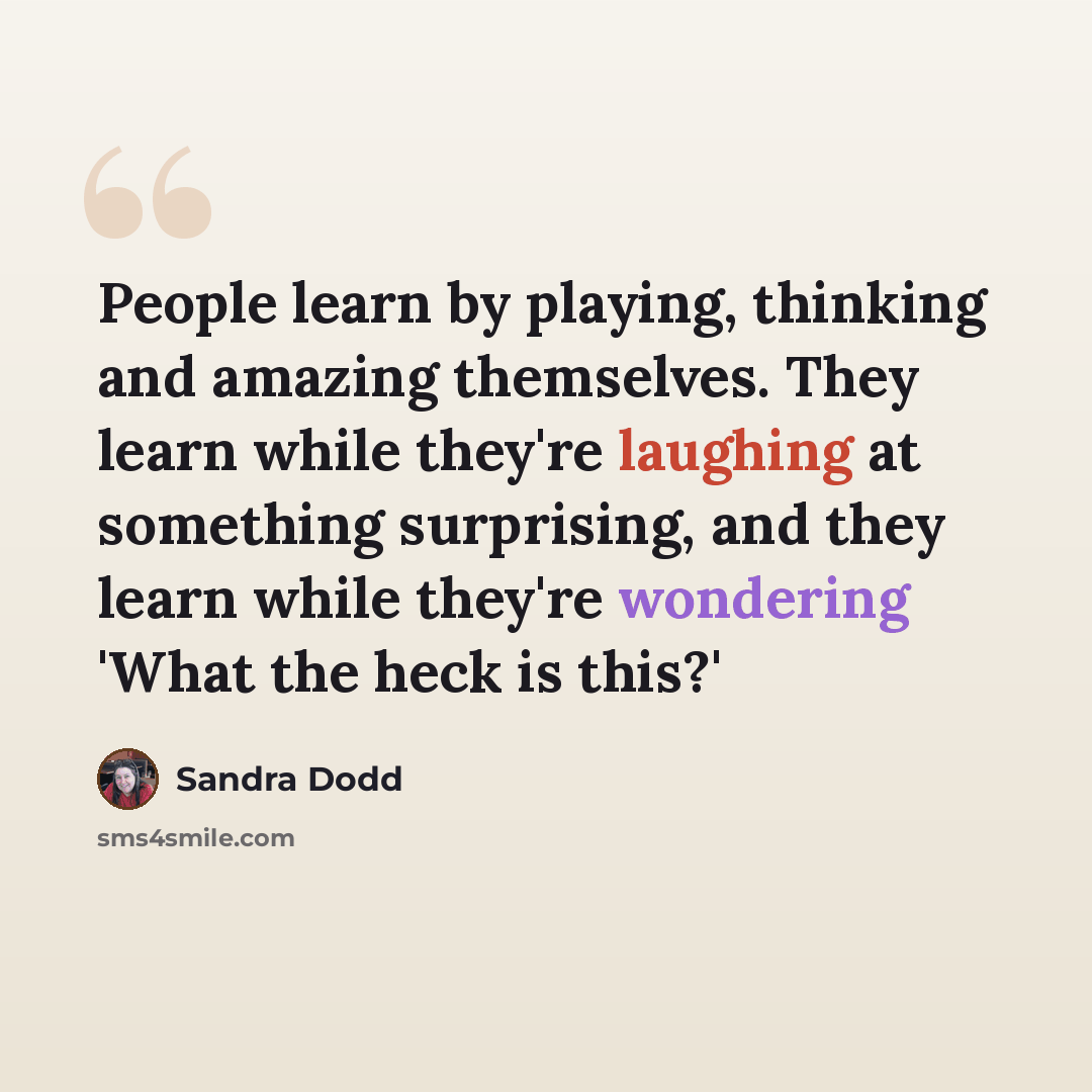 “People learn by playing, thinking and amazing themselves. They learn while they're laughing at something surprising, and they learn while they're wondering 'What the heck is this?'” quote by Sandra Dodd