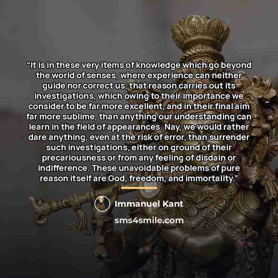 “It is in these very items of knowledge which go beyond the world of senses, where experience can neither guide nor correct us, that reason carries out its investigations, which owing to their importance we consider to be far more excellent, and in their final aim far more sublime, than anything…” quote by Immanuel Kant