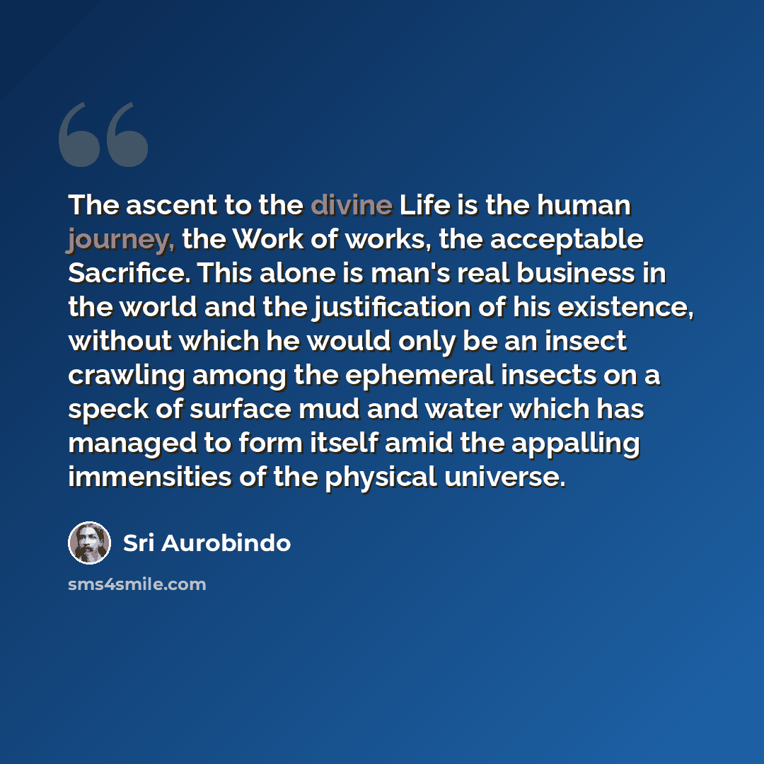 “The ascent to the divine Life is the human journey, the Work of works, the acceptable Sacrifice. This alone is man's real business in the world and the justification of his existence, without which he would only be an insect crawling among the ephemeral insects on a speck of surface mud and water…” quote by Sri Aurobindo