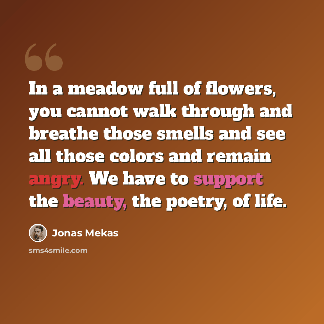 “In a meadow full of flowers, you cannot walk through and breathe those smells and see all those colors and remain angry. We have to support the beauty, the poetry, of life.” quote by Jonas Mekas