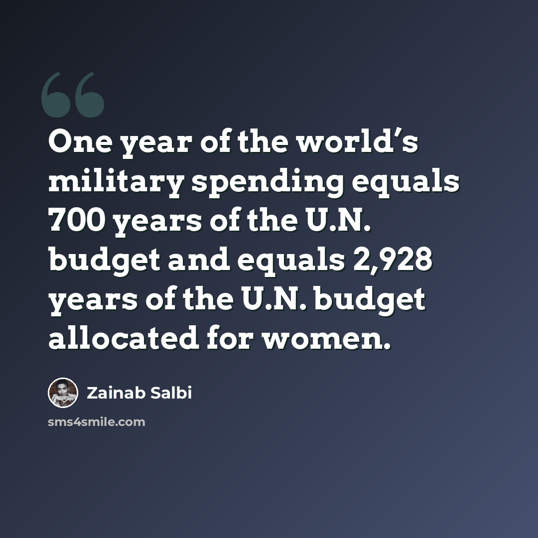 “One year of the world’s military spending equals 700 years of the U.N. budget and equals 2,928 years of the U.N. budget allocated for women.” quote by Zainab Salbi
