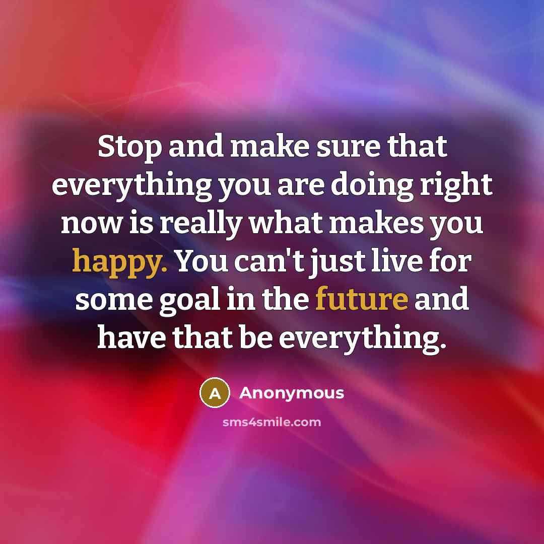 “Stop and make sure that everything you are doing right now is really what makes you happy. You can't just live for some goal in the future and have that be everything.” quote by Anonymous