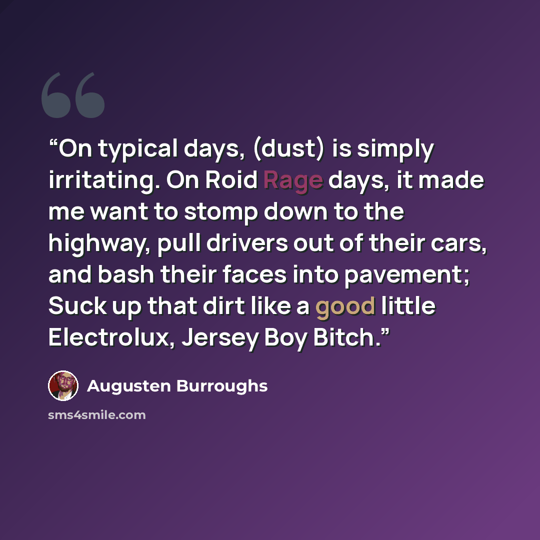 “On typical days, (dust) is simply irritating. On Roid Rage days, it made me want to stomp down to the highway, pull drivers out of their cars, and bash their faces into pavement; Suck up that dirt like a good little Electrolux, Jersey Boy Bitch.” quote by Augusten Burroughs