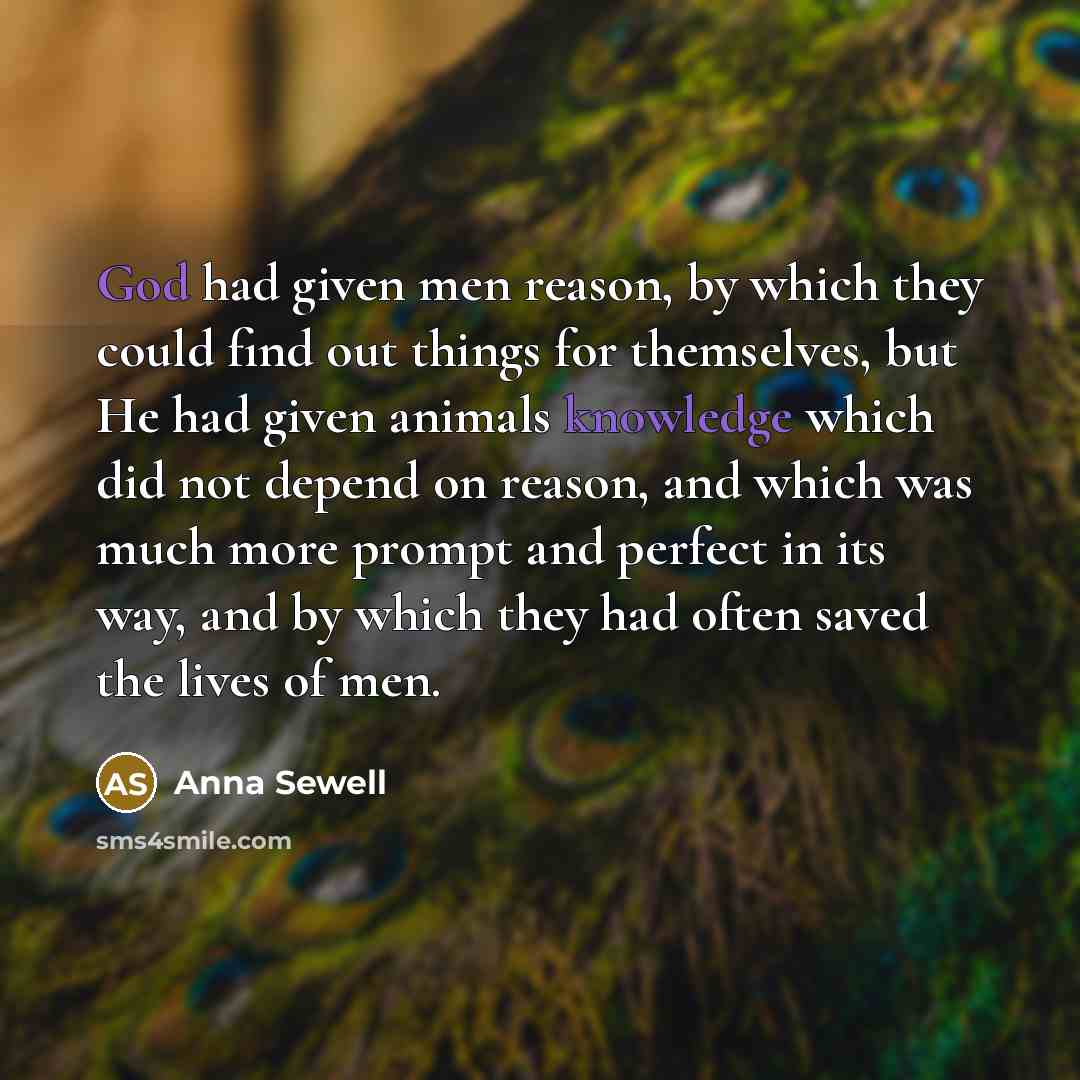 “God had given men reason, by which they could find out things for themselves, but He had given animals knowledge which did not depend on reason, and which was much more prompt and perfect in its way, and by which they had often saved the lives of men.” quote by Anna Sewell