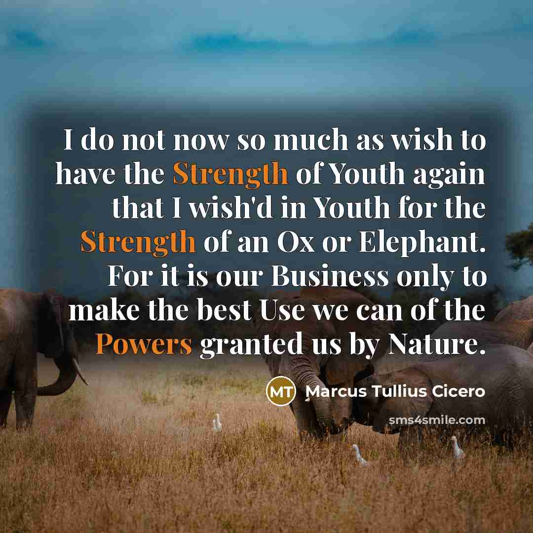 “I do not now so much as wish to have the Strength of Youth again that I wish'd in Youth for the Strength of an Ox or Elephant. For it is our Business only to make the best Use we can of the Powers granted us by Nature.” quote by Marcus Tullius Cicero