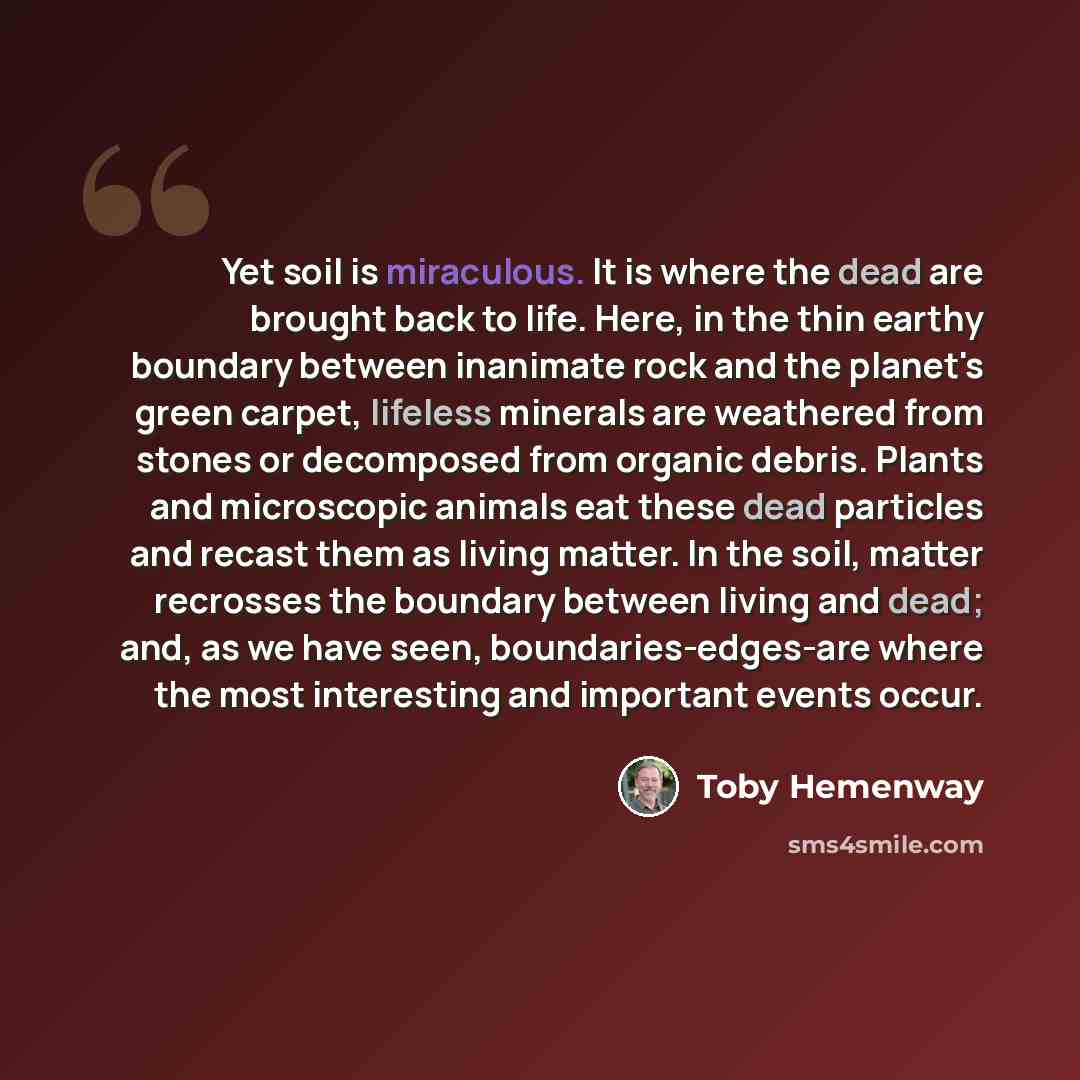 “Yet soil is miraculous. It is where the dead are brought back to life. Here, in the thin earthy boundary between inanimate rock and the planet's green carpet, lifeless minerals are weathered from stones or decomposed from organic debris. Plants and microscopic animals eat these dead particles and…” quote by Toby Hemenway