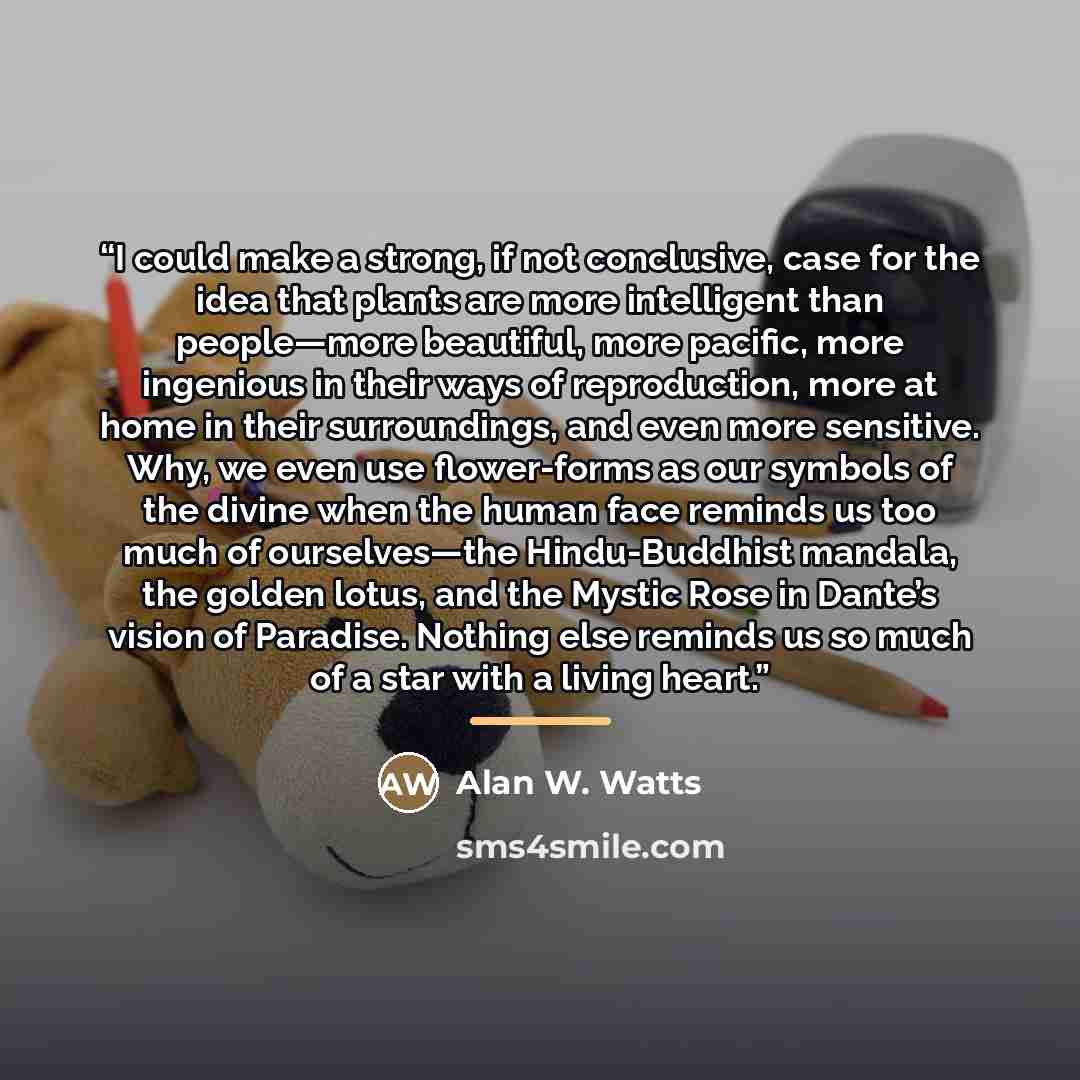 “I could make a strong, if not conclusive, case for the idea that plants are more intelligent than people—more beautiful, more pacific, more ingenious in their ways of reproduction, more at home in their surroundings, and even more sensitive. Why, we even use flower-forms as our symbols of the…” quote by Alan W. Watts