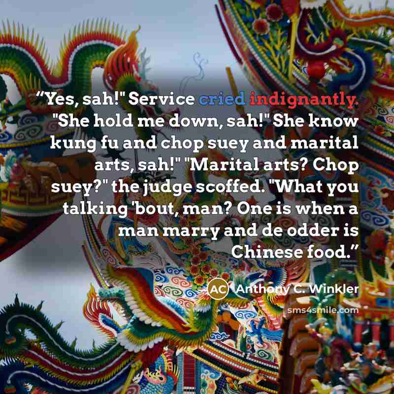 “Yes, sah!" Service cried indignantly. "She hold me down, sah!" She know kung fu and chop suey and marital arts, sah!" "Marital arts? Chop suey?" the judge scoffed. "What you talking 'bout, man? One is when a man marry and de odder is Chinese food.” quote by Anthony C. Winkler