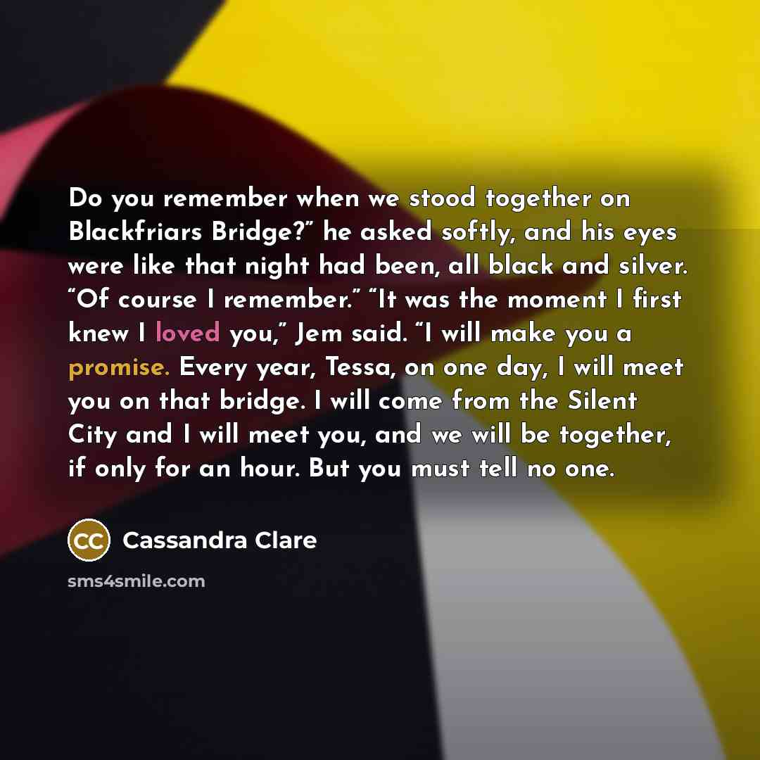 “Do you remember when we stood together on Blackfriars Bridge?” he asked softly, and his eyes were like that night had been, all black and silver. “Of course I remember.” “It was the moment I first knew I loved you,” Jem said. “I will make you a promise. Every year, Tessa, on one day, I will meet…” quote by Cassandra Clare