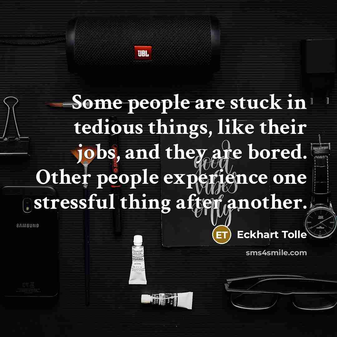 “Some people are stuck in tedious things, like their jobs, and they are bored. Other people experience one stressful thing after another.” quote by Eckhart Tolle