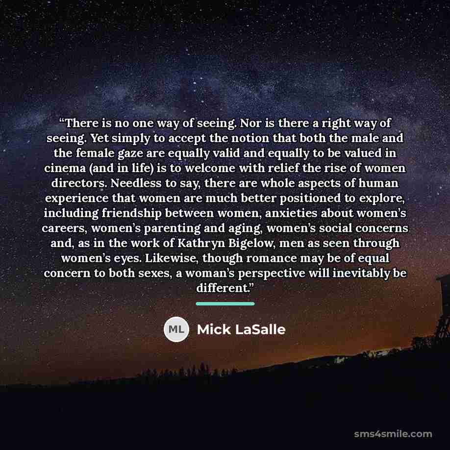 “There is no one way of seeing. Nor is there a right way of seeing. Yet simply to accept the notion that both the male and the female gaze are equally valid and equally to be valued in cinema (and in life) is to welcome with relief the rise of women directors. Needless to say, there are whole…” quote by Mick LaSalle