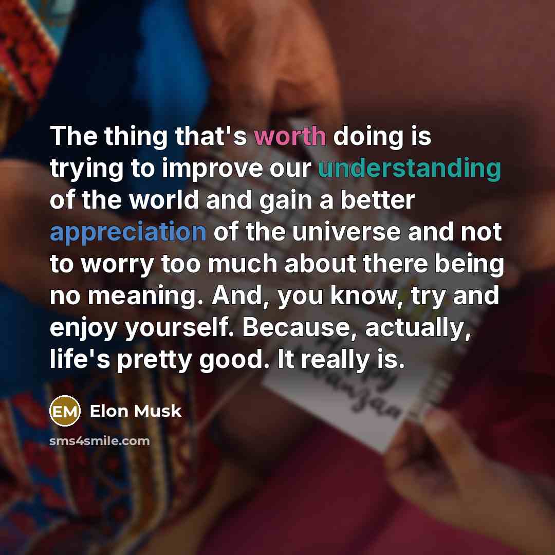 “The thing that's worth doing is trying to improve our understanding of the world and gain a better appreciation of the universe and not to worry too much about there being no meaning. And, you know, try and enjoy yourself. Because, actually, life's pretty good. It really is.” quote by Elon Musk