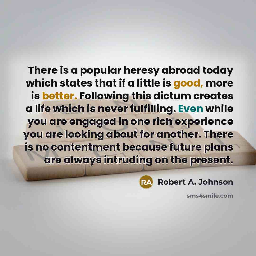 “There is a popular heresy abroad today which states that if a little is good, more is better. Following this dictum creates a life which is never fulfilling. Even while you are engaged in one rich experience you are looking about for another. There is no contentment because future plans are always…” quote by Robert A. Johnson