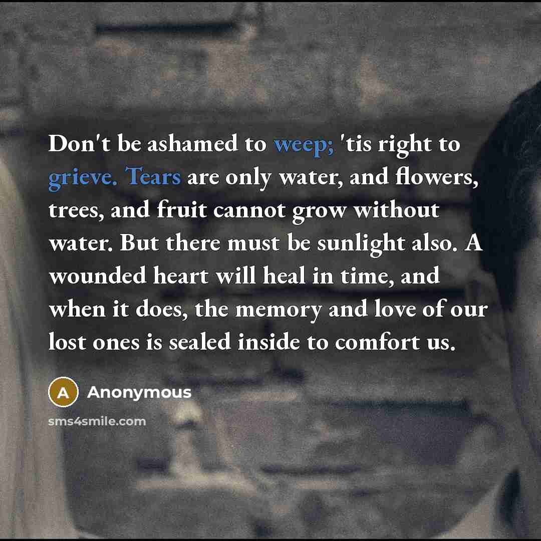 “Don't be ashamed to weep; 'tis right to grieve. Tears are only water, and flowers, trees, and fruit cannot grow without water. But there must be sunlight also. A wounded heart will heal in time, and when it does, the memory and love of our lost ones is sealed inside to comfort us.” quote by Anonymous