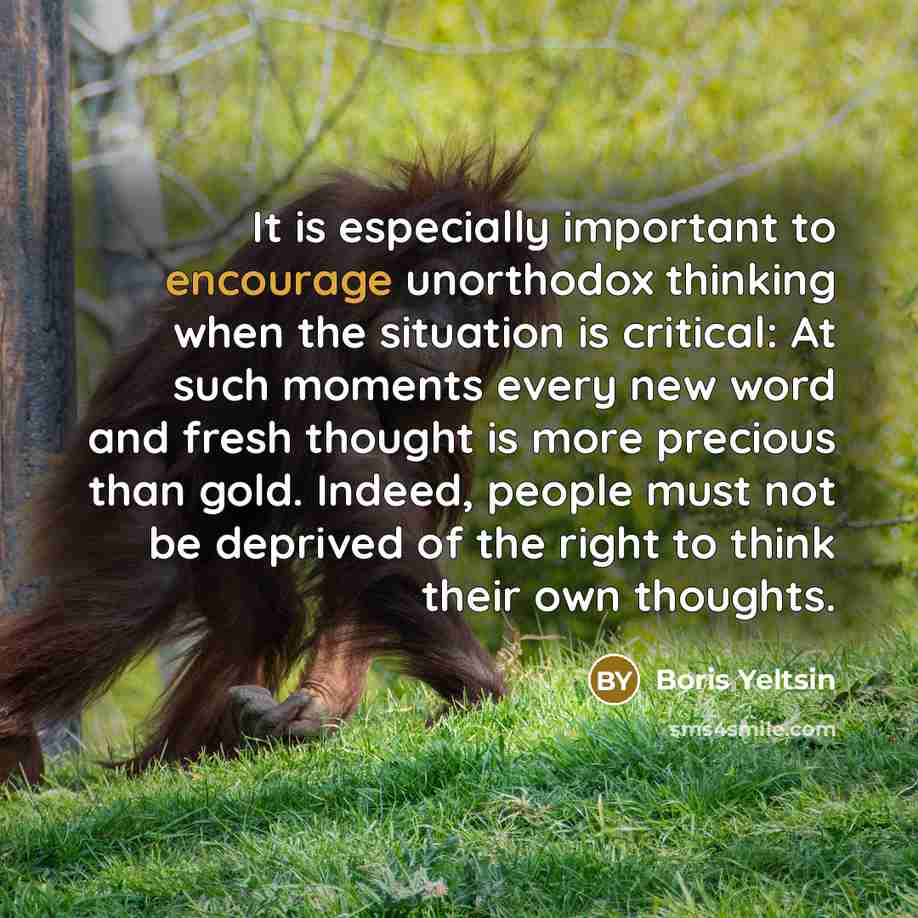 “It is especially important to encourage unorthodox thinking when the situation is critical: At such moments every new word and fresh thought is more precious than gold. Indeed, people must not be deprived of the right to think their own thoughts.” quote by Boris Yeltsin