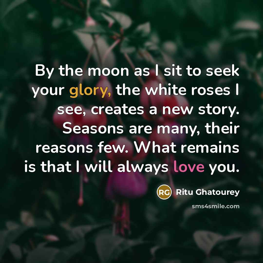 “By the moon as I sit to seek your glory, the white roses I see, creates a new story. Seasons are many, their reasons few. What remains is that I will always love you.” quote by Ritu Ghatourey