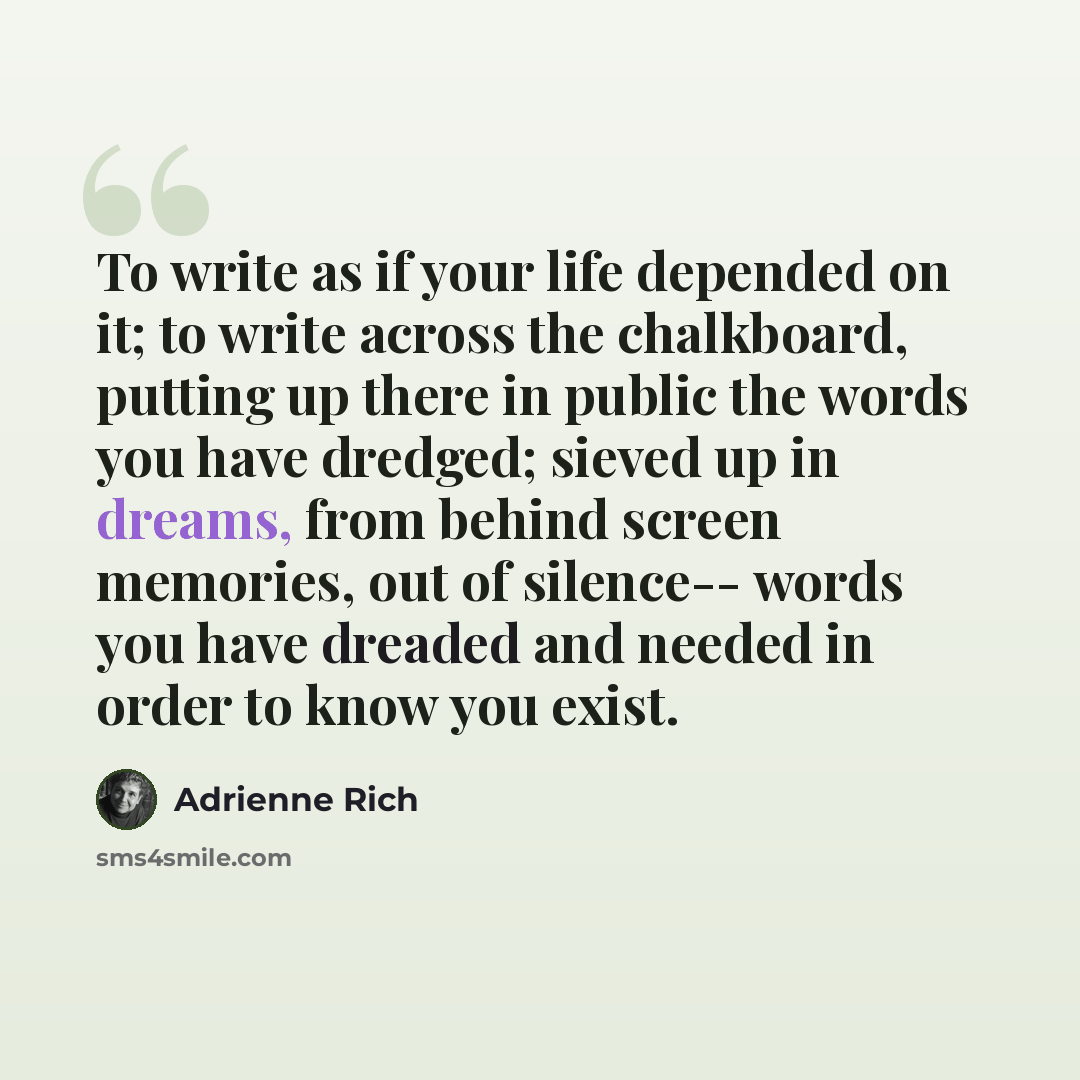 “To write as if your life depended on it; to write across the chalkboard, putting up there in public the words you have dredged; sieved up in dreams, from behind screen memories, out of silence-- words you have dreaded and needed in order to know you exist.” quote by Adrienne Rich