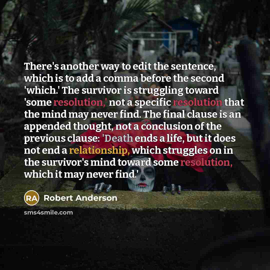 “There's another way to edit the sentence, which is to add a comma before the second 'which.' The survivor is struggling toward 'some resolution,' not a specific resolution that the mind may never find. The final clause is an appended thought, not a conclusion of the previous clause: 'Death ends a…” quote by Robert Anderson