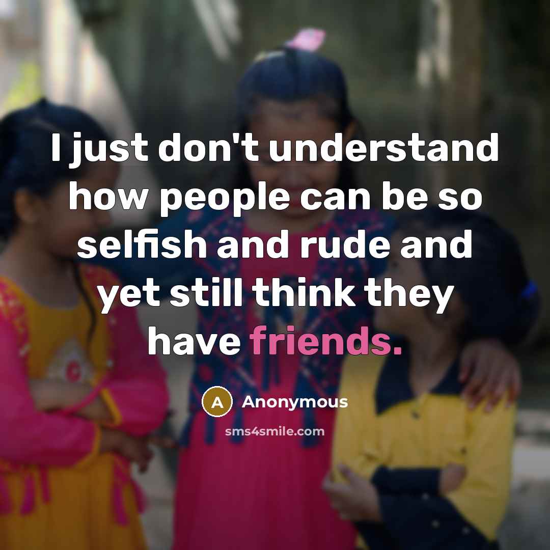 “I just don't understand how people can be so selfish and rude and yet still think they have friends.” quote by Anonymous
