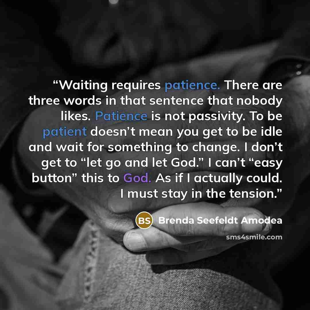 “Waiting requires patience. There are three words in that sentence that nobody likes. Patience is not passivity. To be patient doesn’t mean you get to be idle and wait for something to change. I don’t get to “let go and let God.” I can’t “easy button” this to God. As if I actually could. I must…” quote by Brenda Seefeldt Amodea