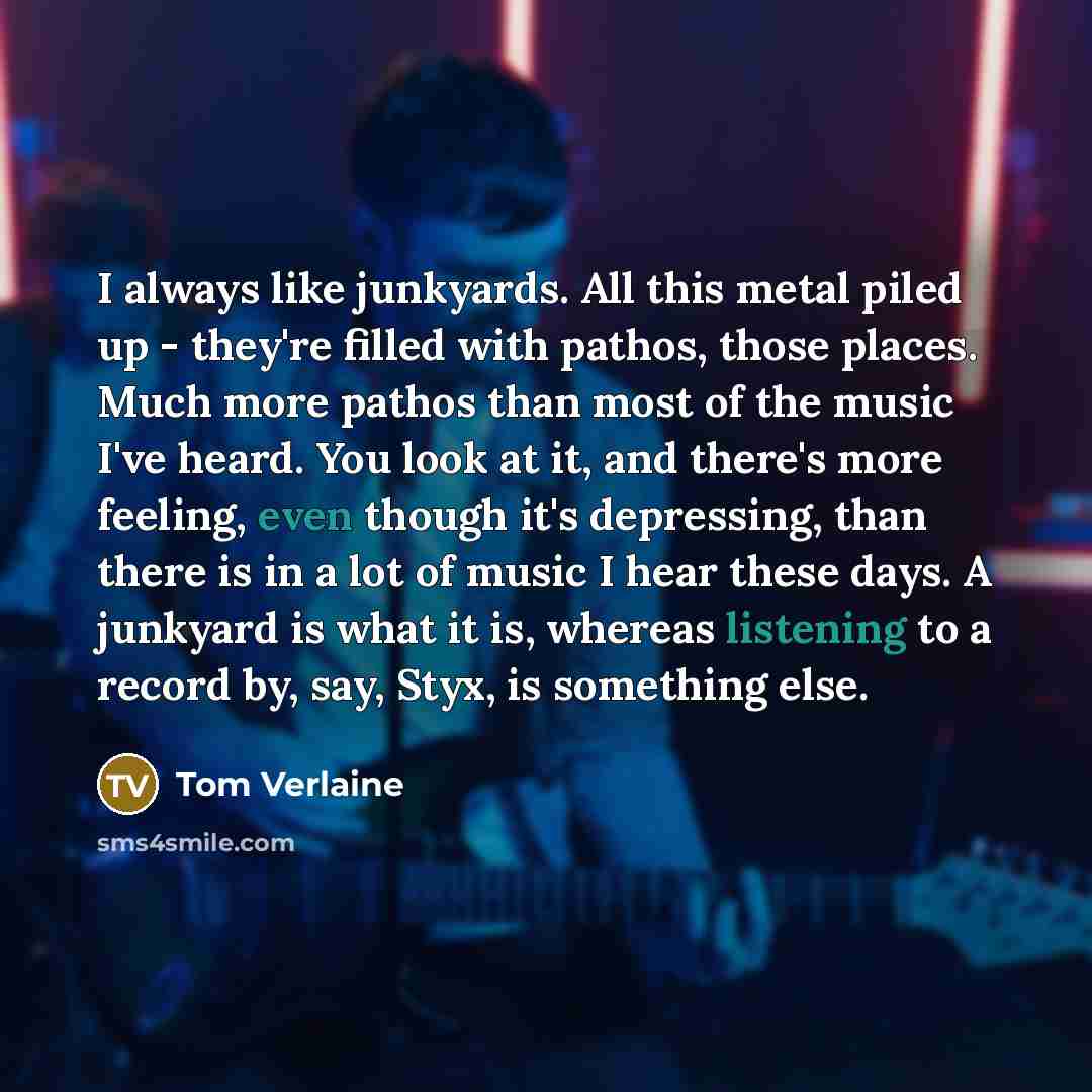 “I always like junkyards. All this metal piled up - they're filled with pathos, those places. Much more pathos than most of the music I've heard. You look at it, and there's more feeling, even though it's depressing, than there is in a lot of music I hear these days. A junkyard is what it is…” quote by Tom Verlaine