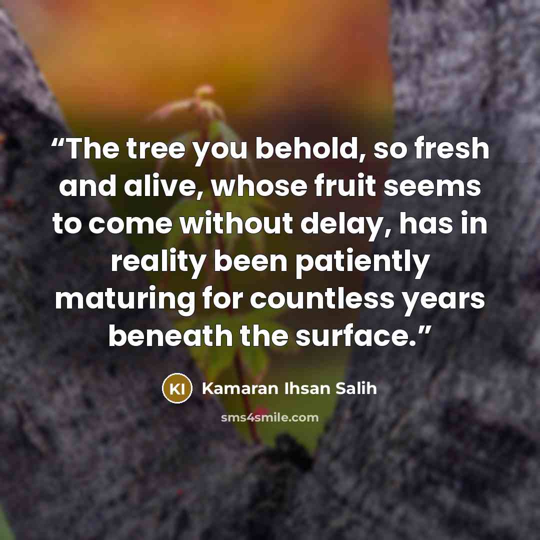 “The tree you behold, so fresh and alive, whose fruit seems to come without delay, has in reality been patiently maturing for countless years beneath the surface.” quote by Kamaran Ihsan Salih