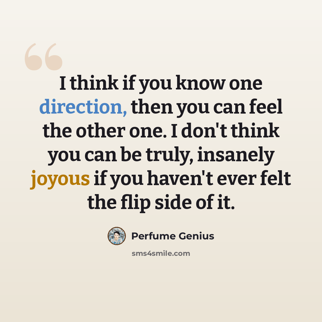 “I think if you know one direction, then you can feel the other one. I don't think you can be truly, insanely joyous if you haven't ever felt the flip side of it.” quote by Perfume Genius