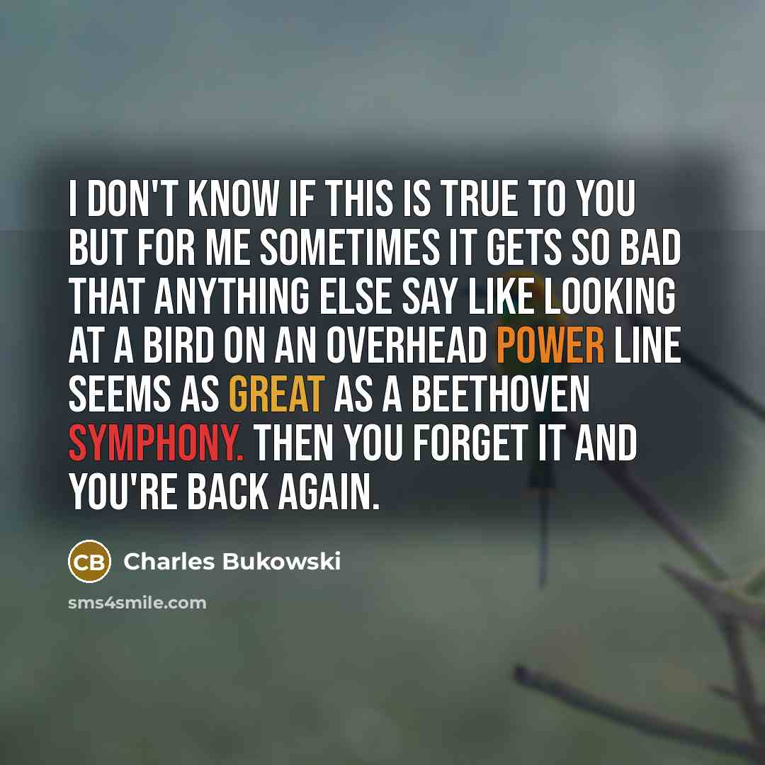 “I don't know if this is true to you but for me sometimes it gets so bad that anything else say like looking at a bird on an overhead power line seems as great as a Beethoven symphony. then you forget it and you're back again.” quote by Charles Bukowski