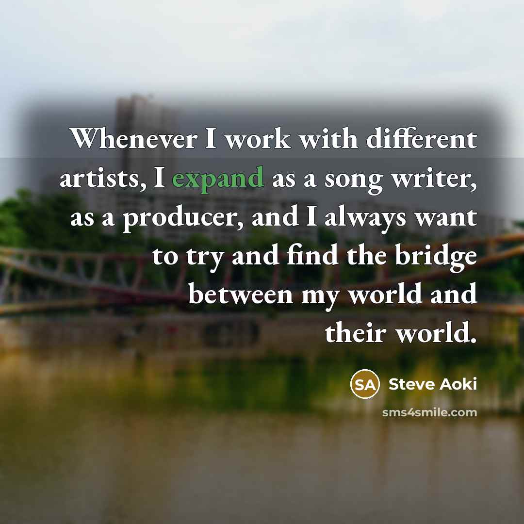 “Whenever I work with different artists, I expand as a song writer, as a producer, and I always want to try and find the bridge between my world and their world.” quote by Steve Aoki