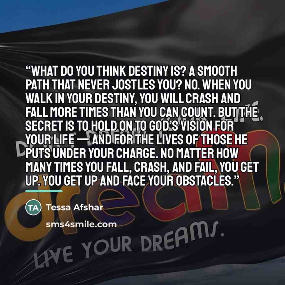 “What do you think destiny is? A smooth path that never jostles you? No. When you walk in your destiny, you will crash and fall more times than you can count. But the secret is to hold on to God’s vision for your life — and for the lives of those He puts under your charge. No matter how many times…” quote by Tessa Afshar