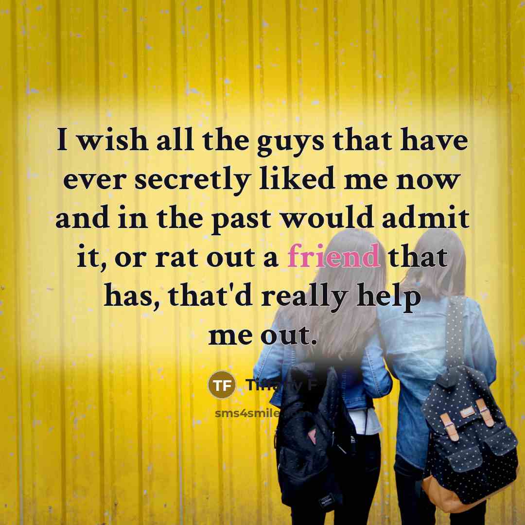 “I wish all the guys that have ever secretly liked me now and in the past would admit it, or rat out a friend that has, that'd really help me out.” quote by Tiffany F