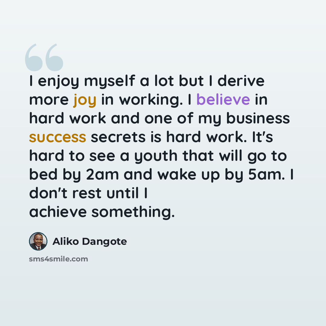 “I enjoy myself a lot but I derive more joy in working. I believe in hard work and one of my business success secrets is hard work. It's hard to see a youth that will go to bed by 2am and wake up by 5am. I don't rest until I achieve something.” quote by Aliko Dangote