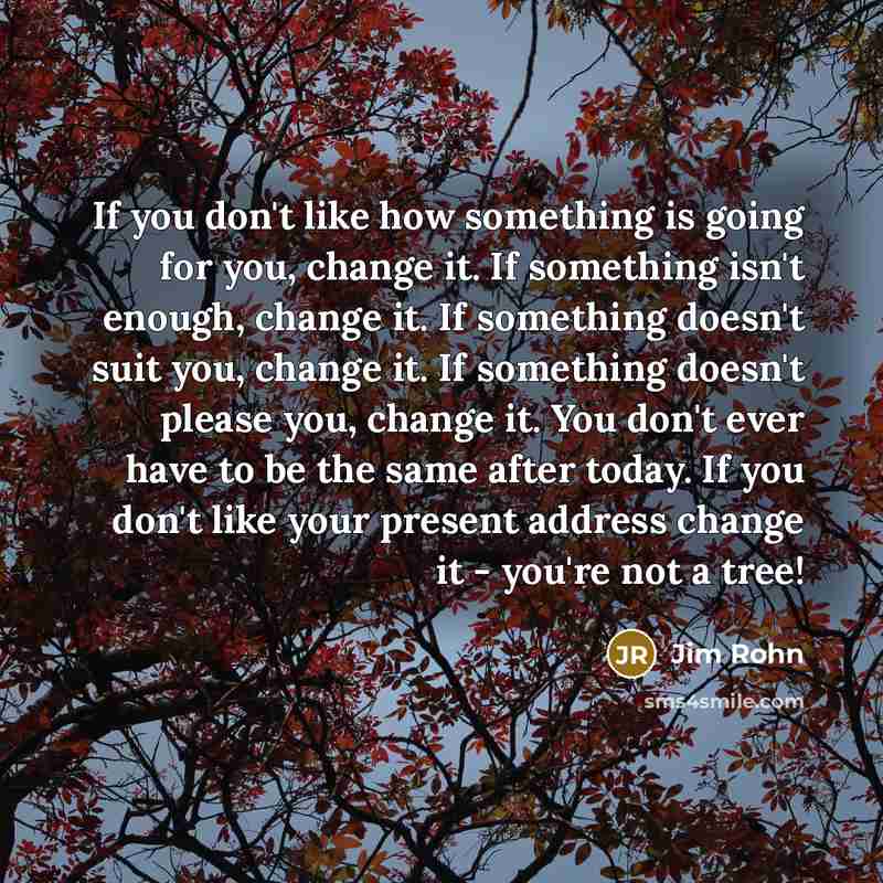 “If you don't like how something is going for you, change it. If something isn't enough, change it. If something doesn't suit you, change it. If something doesn't please you, change it. You don't ever have to be the same after today. If you don't like your present address change it - you're not a…” quote by Jim Rohn