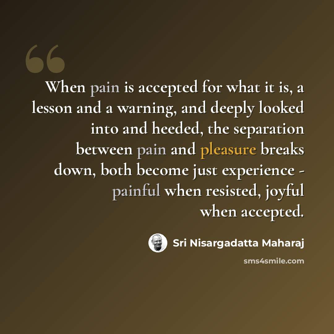 “When pain is accepted for what it is, a lesson and a warning, and deeply looked into and heeded, the separation between pain and pleasure breaks down, both become just experience - painful when resisted, joyful when accepted.” quote by Sri Nisargadatta Maharaj
