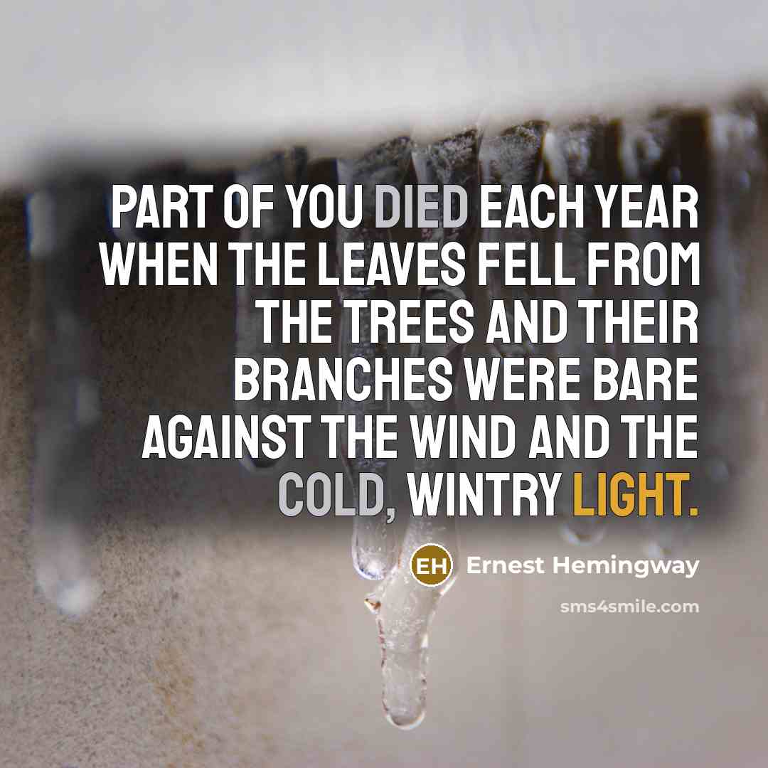“Part of you died each year when the leaves fell from the trees and their branches were bare against the wind and the cold, wintry light.” quote by Ernest Hemingway